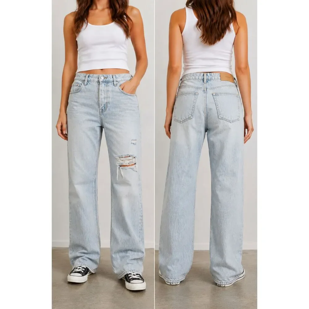 &Denim by H&M 90s Boyfriend Jeans Women's Light Wash Distressed Button Fly Size - Picture 1 of 9